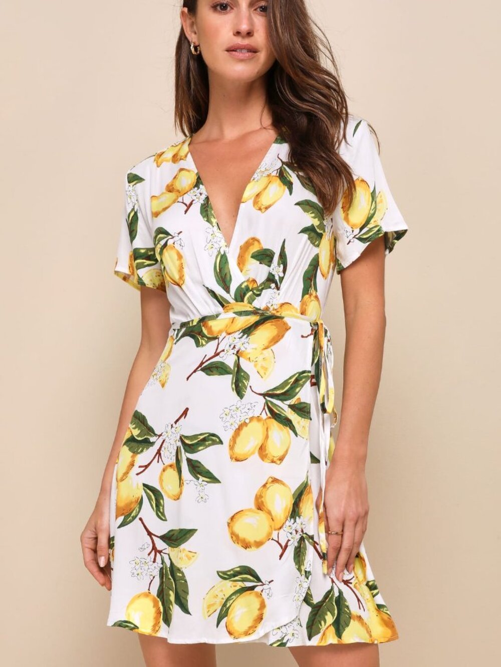 Lulus A La Tart White and Yellow Lemon Print Wrap Dress Italy Summer Size M